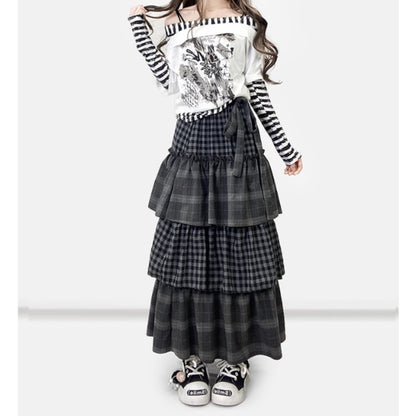 Tiered long check skirt E7030