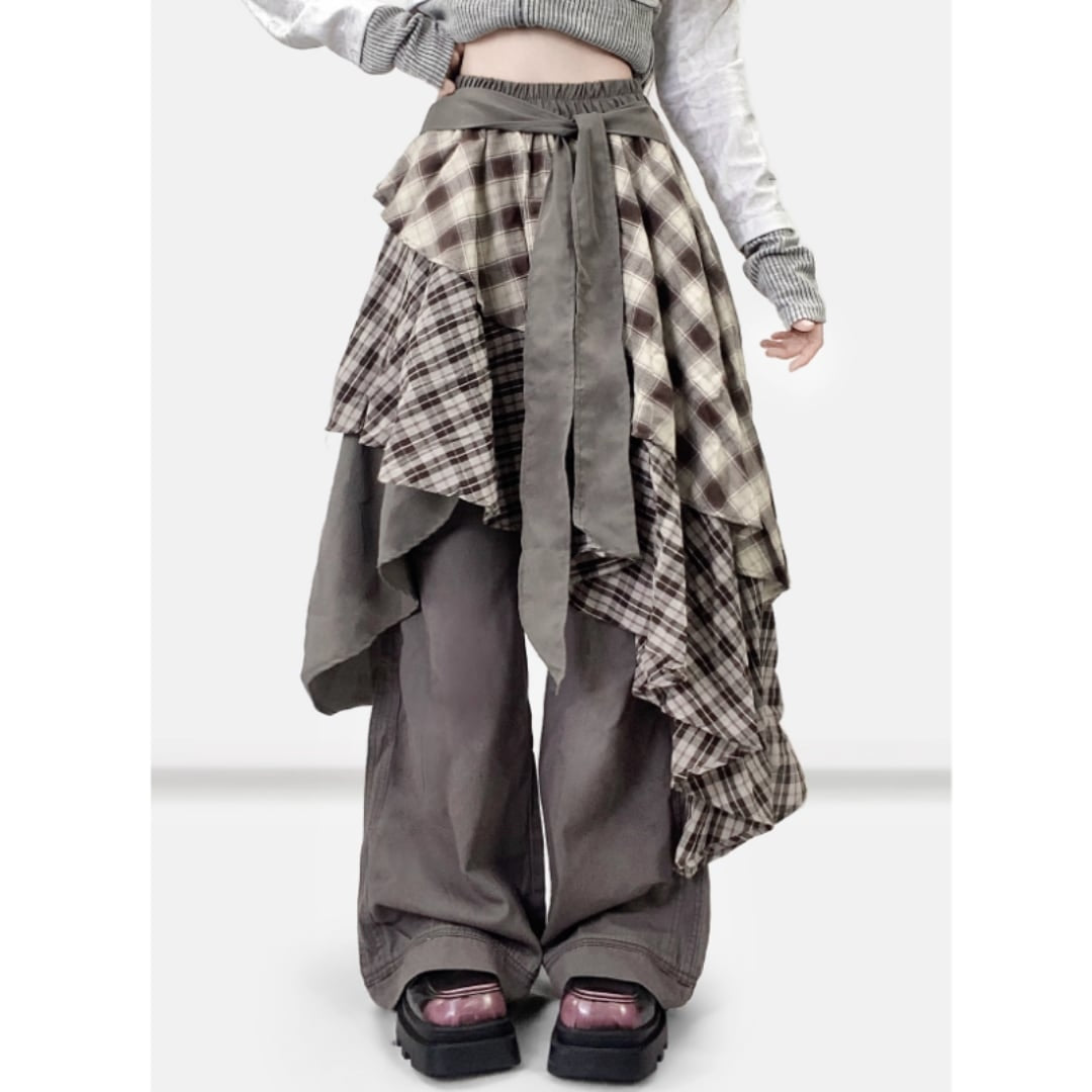 Irregular hem check skirt E7010