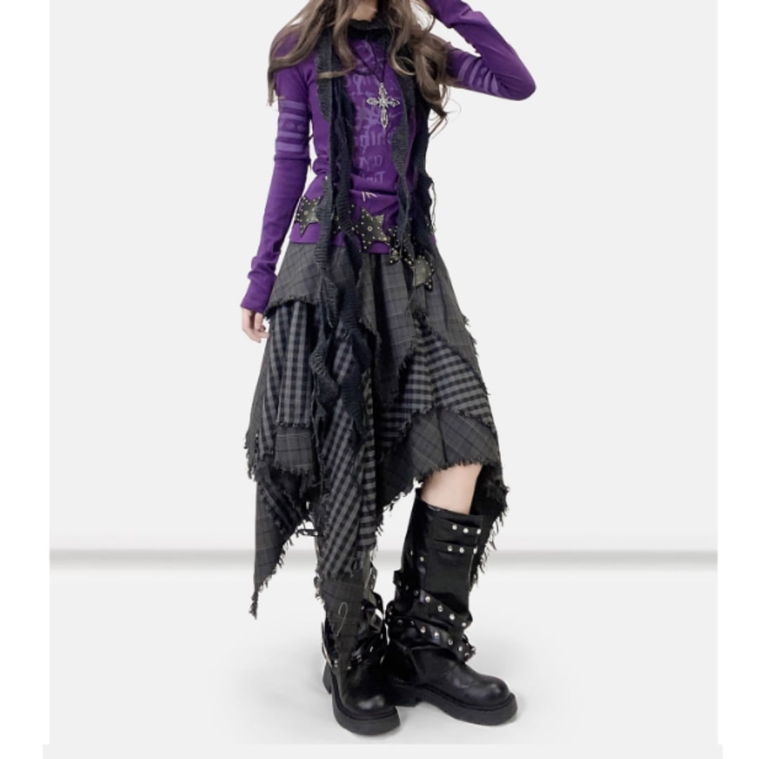 Layered check skirt E7023