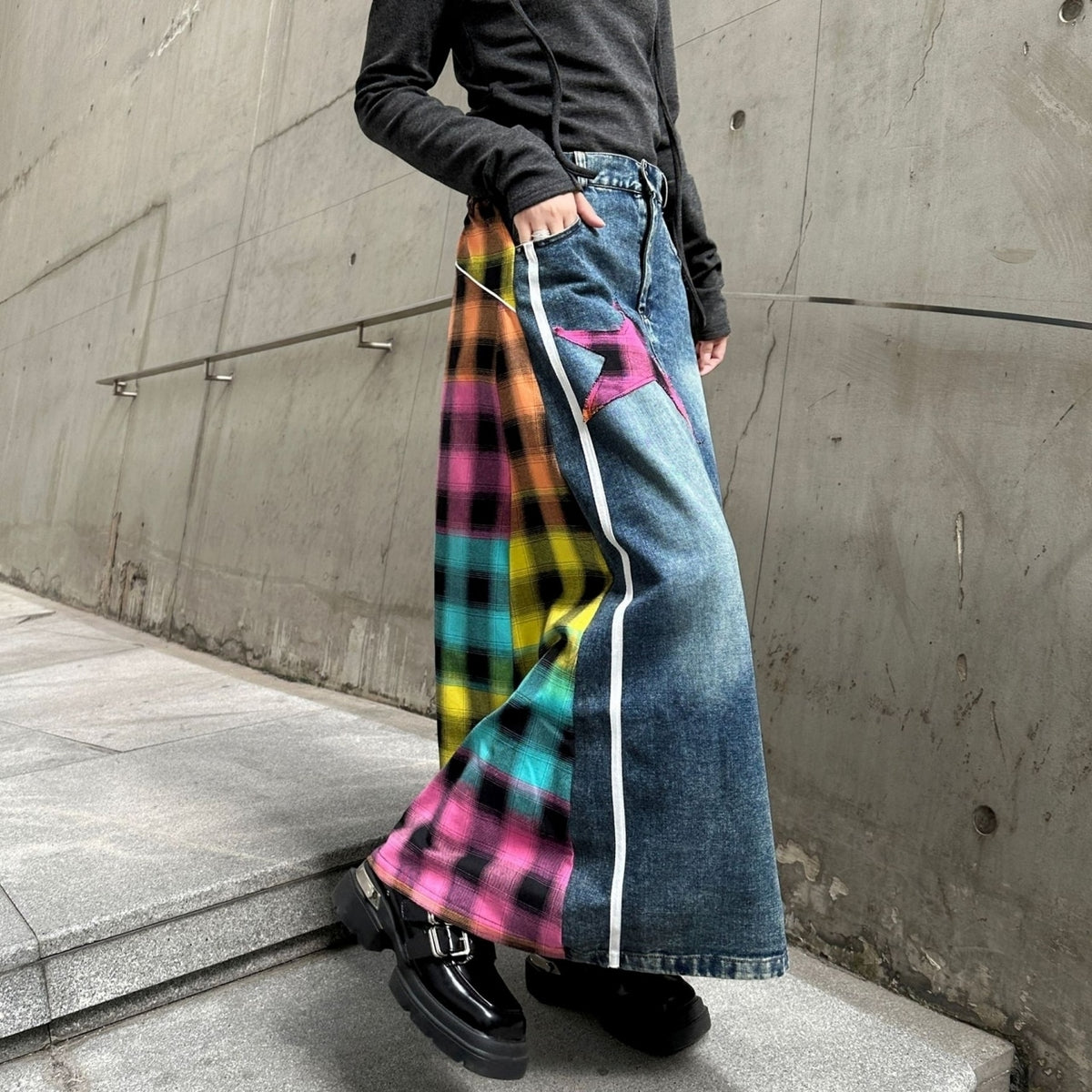 Check & Denim long skirt D0123