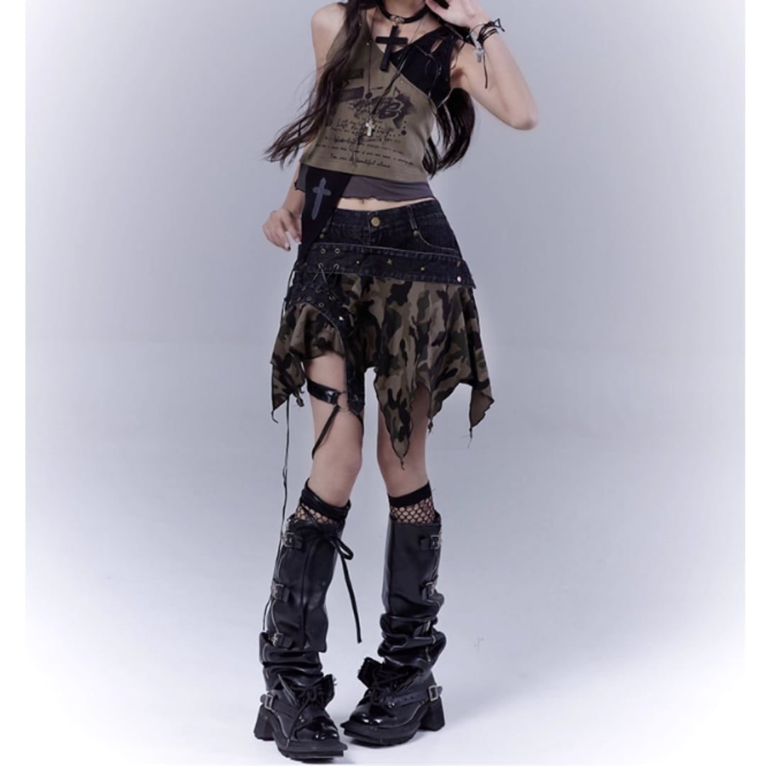Irregular hem camouflage skirt E7031