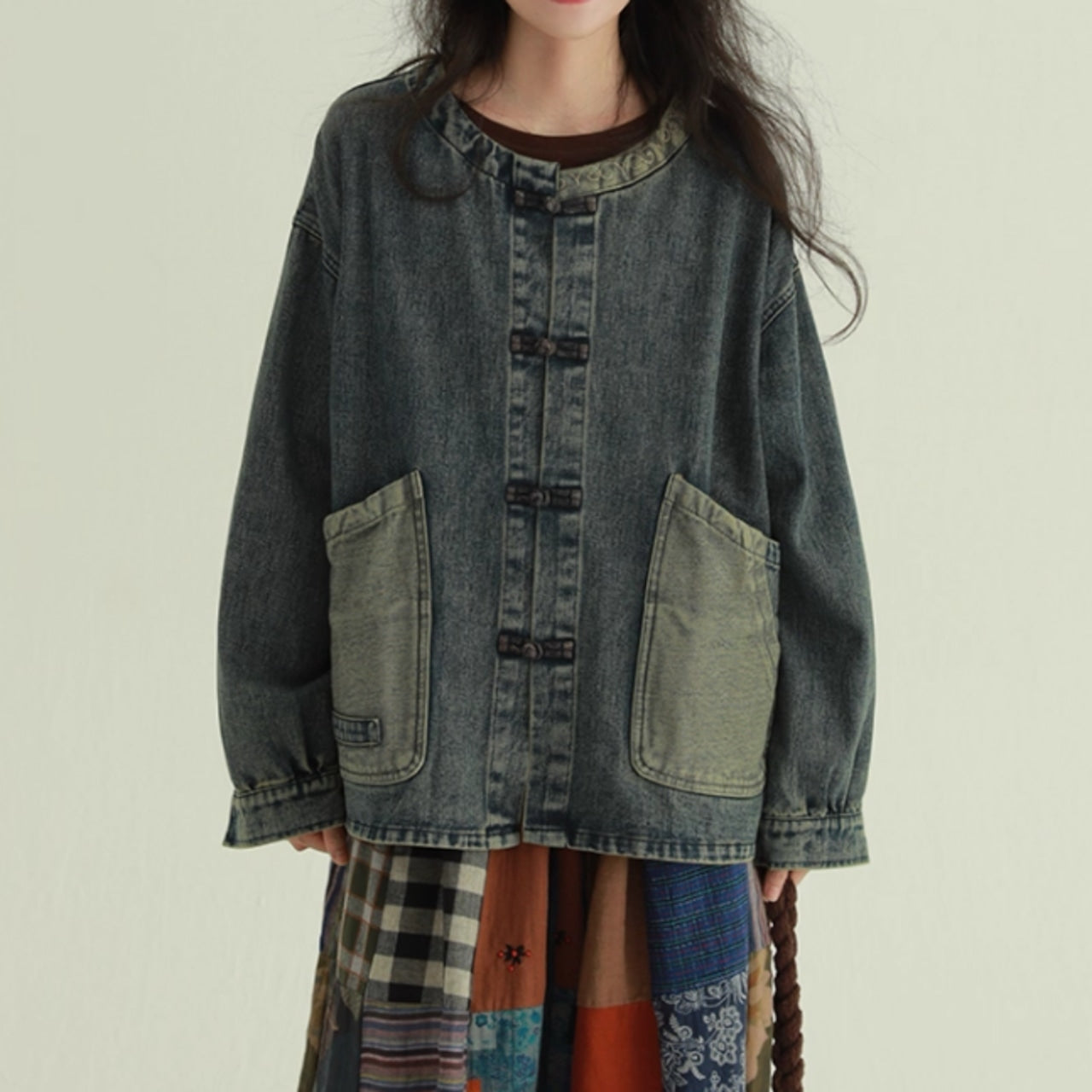 Collarless denim jacket D0085