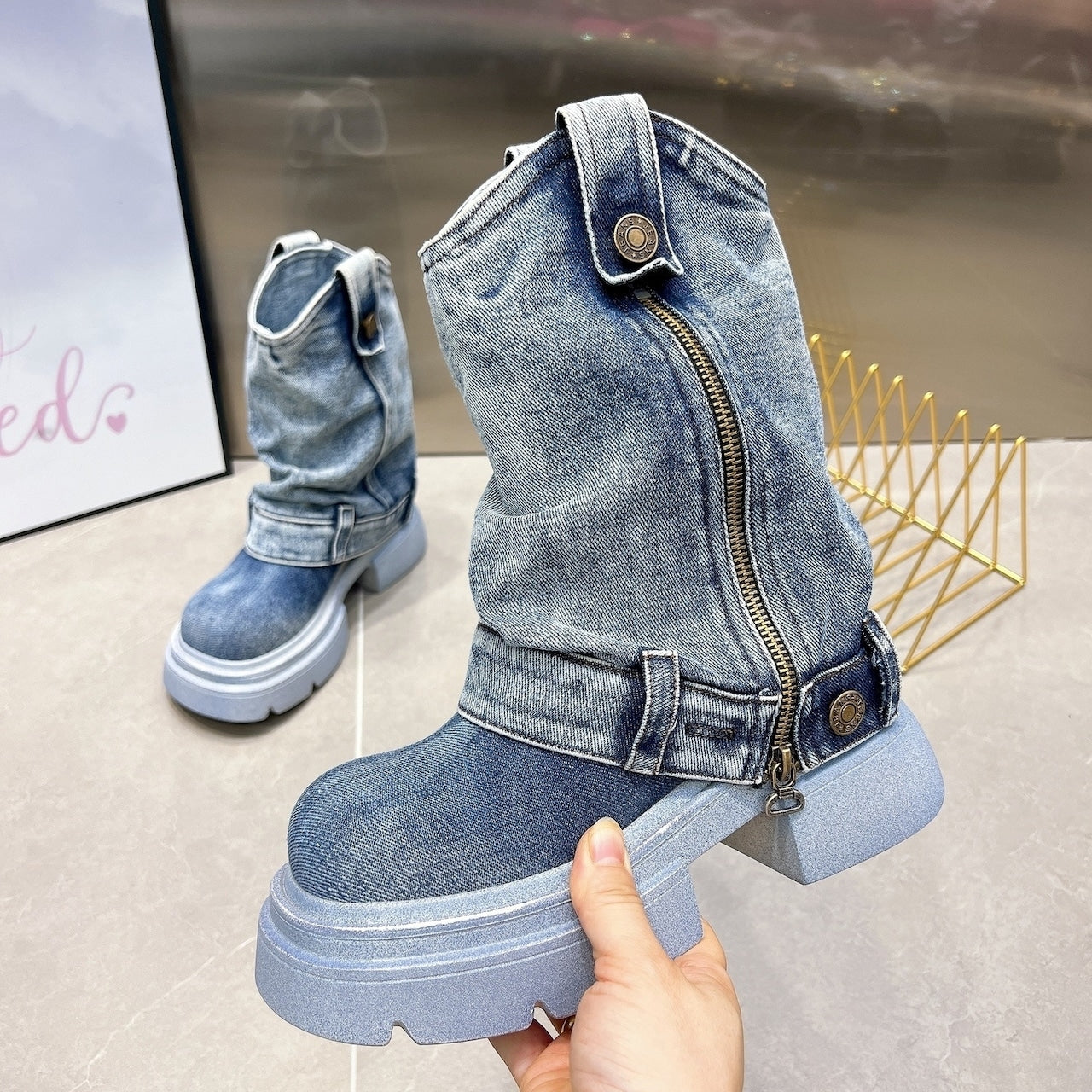 Washed Denim Boots D0014