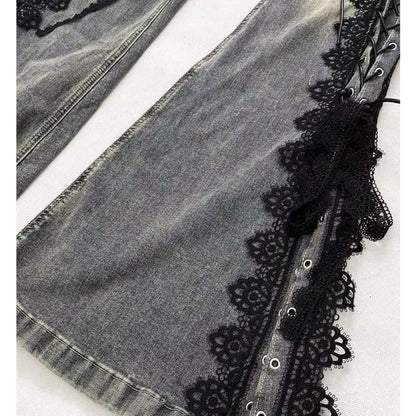 Side lace up flare denim jeans E7003