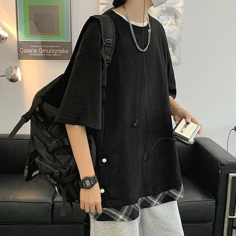 Faux layered short sleeve tops HL2555