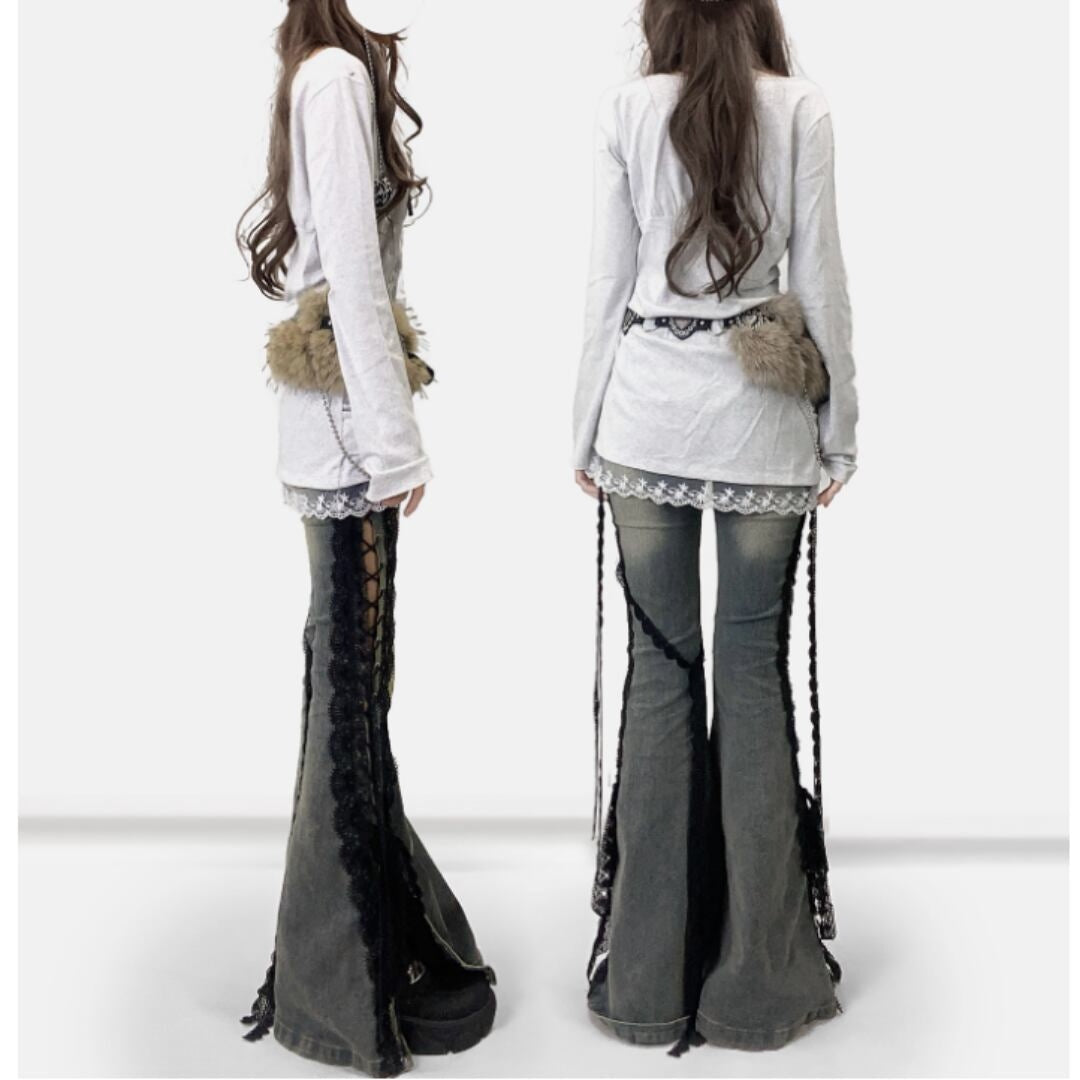 Side lace up flare denim jeans E7003