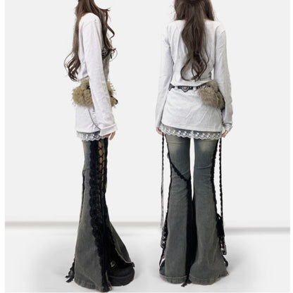 Side lace up flare denim jeans E7003