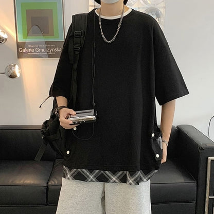 Faux layered short sleeve tops HL2555