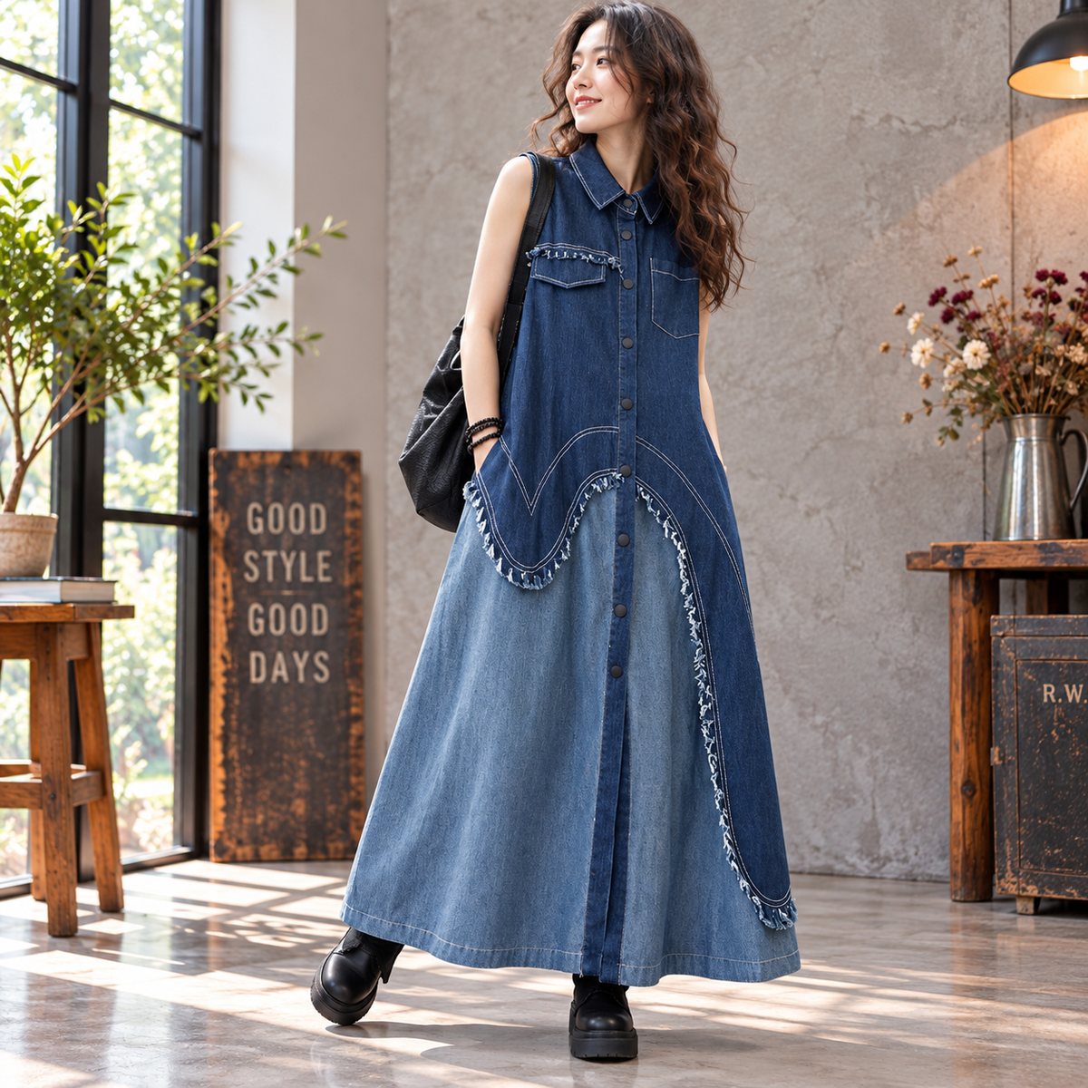 Sleeveless denim one piece D0066