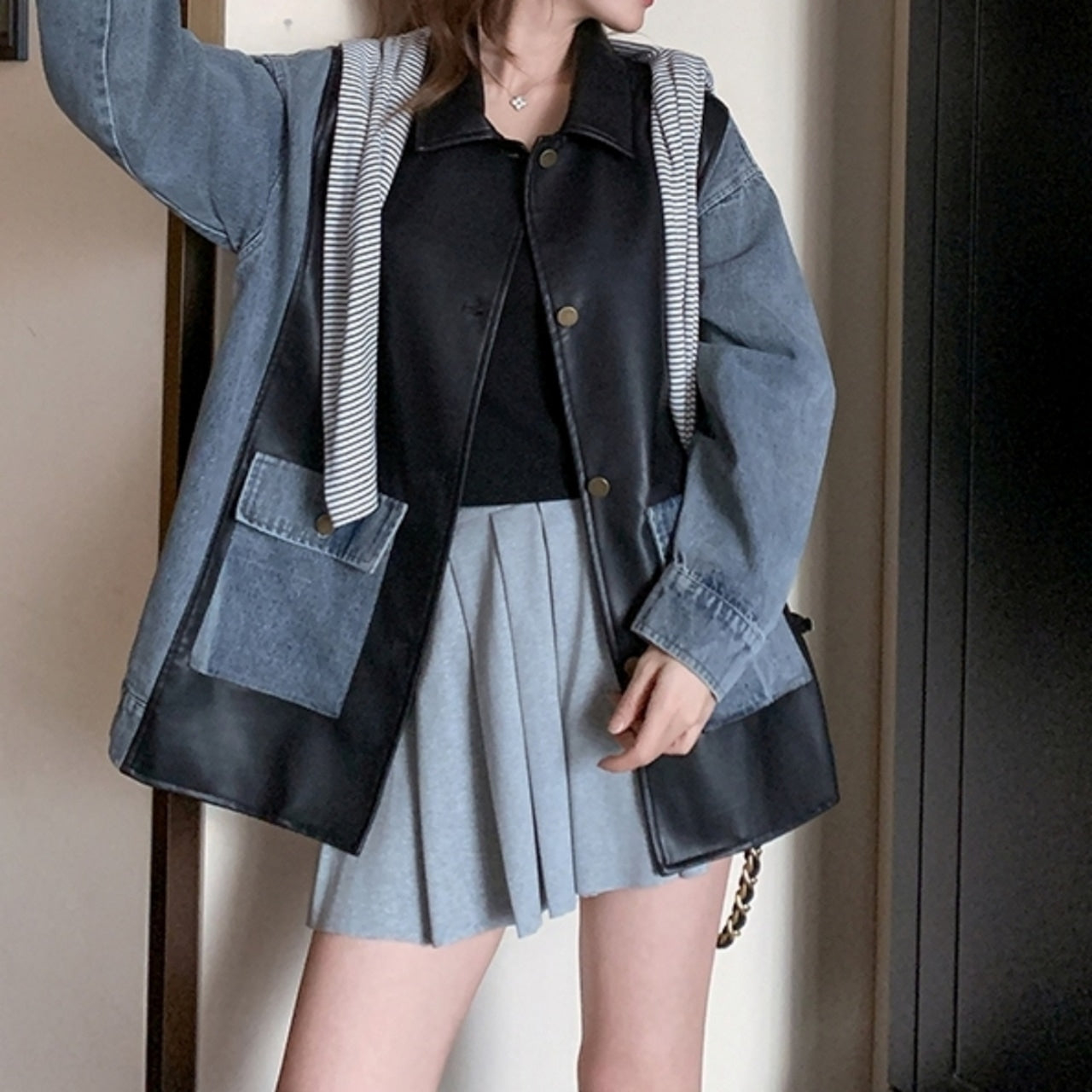 Different material mix denim jacket D0097