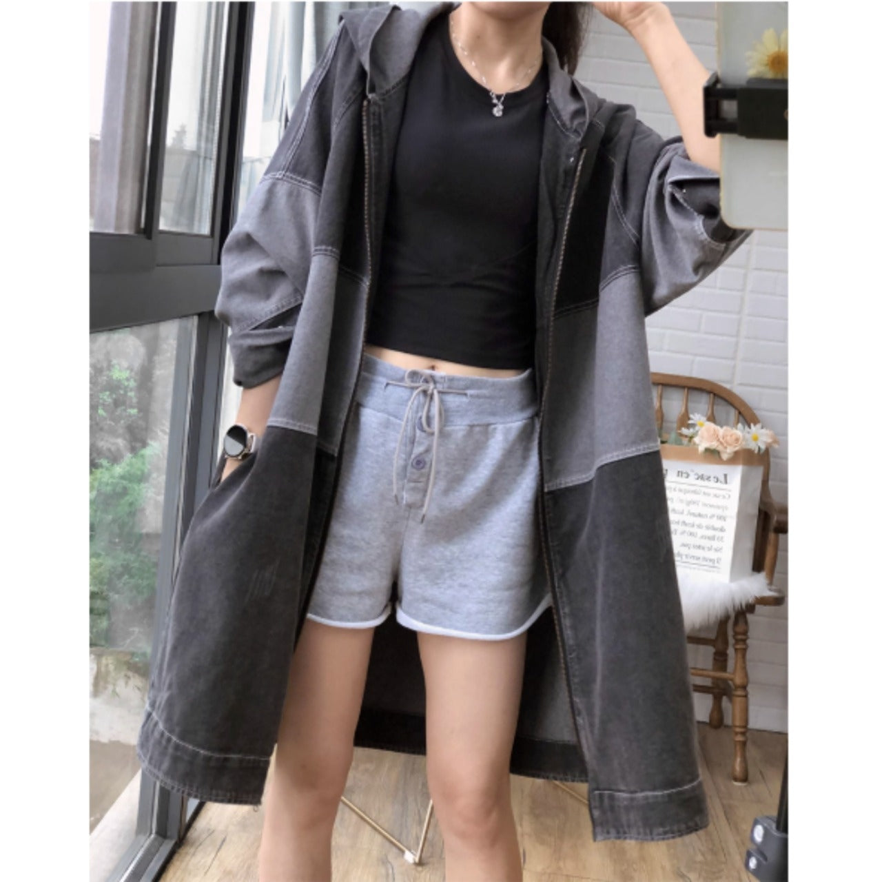 Bicolor hooded denim jacket D0080