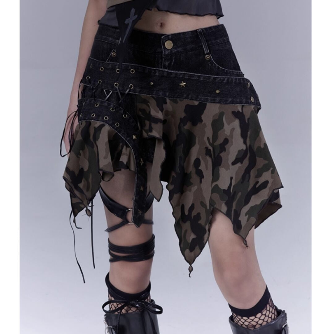 Irregular hem camouflage skirt E7031