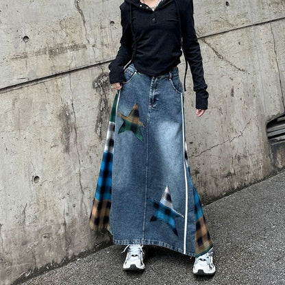 Check & Denim long skirt D0123
