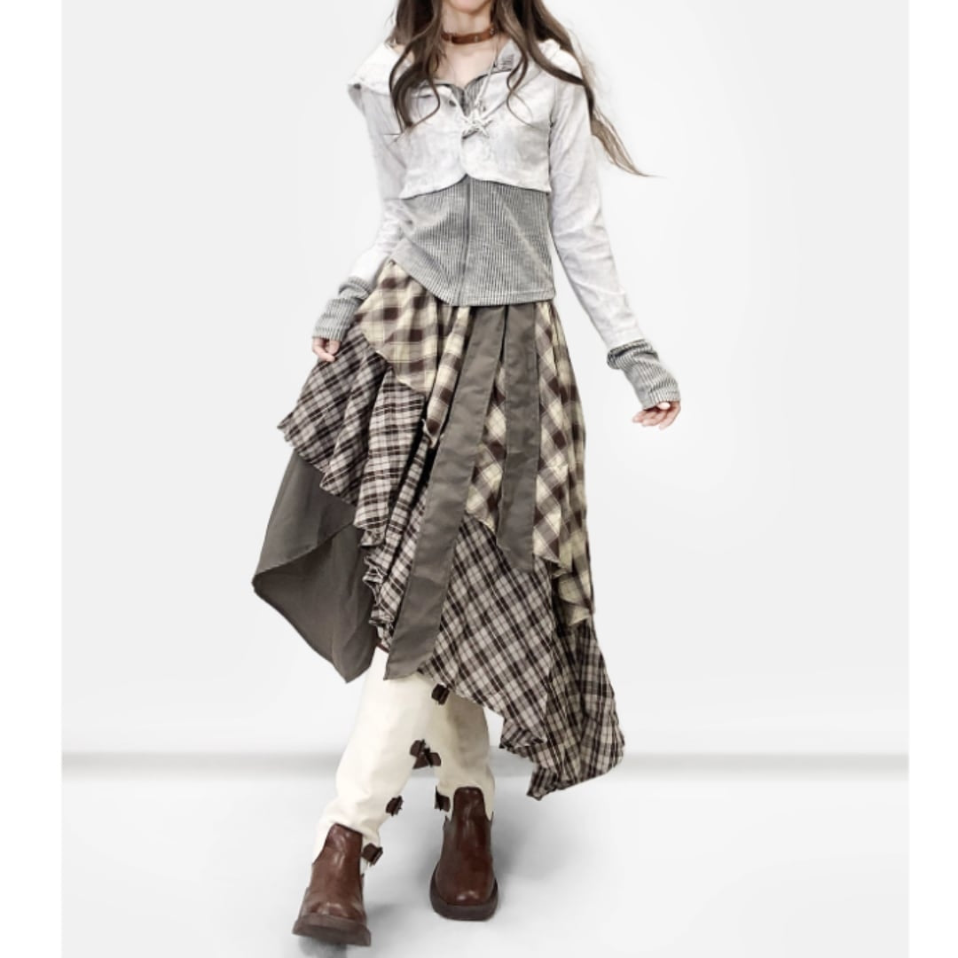 Irregular hem check skirt E7010