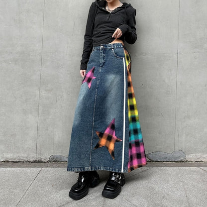 Check & Denim long skirt D0123