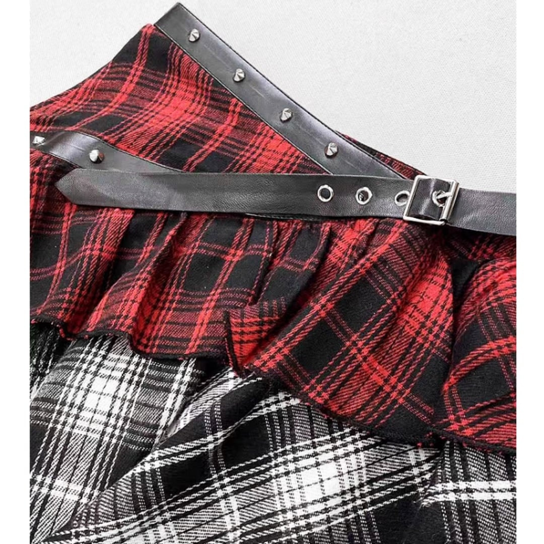 Irregular hem check miniskirt E7016