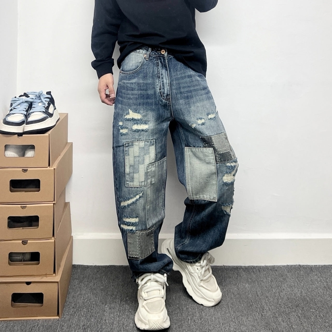 Damaged design denim jeans D0093