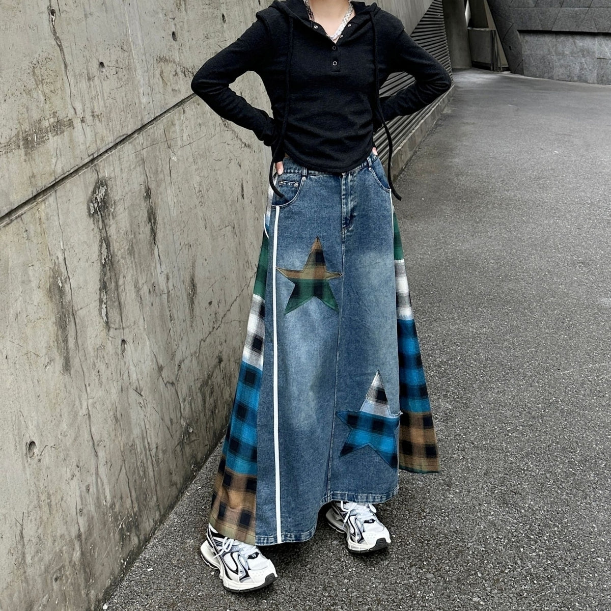 Check & Denim long skirt D0123