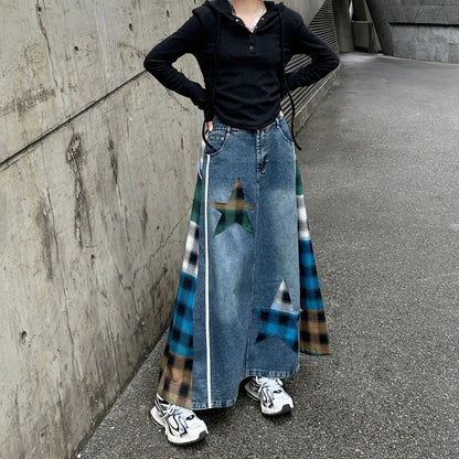 Check & Denim long skirt D0123