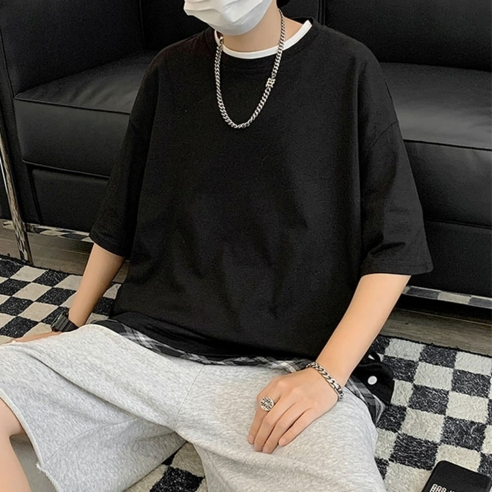 Faux layered short sleeve tops HL2555