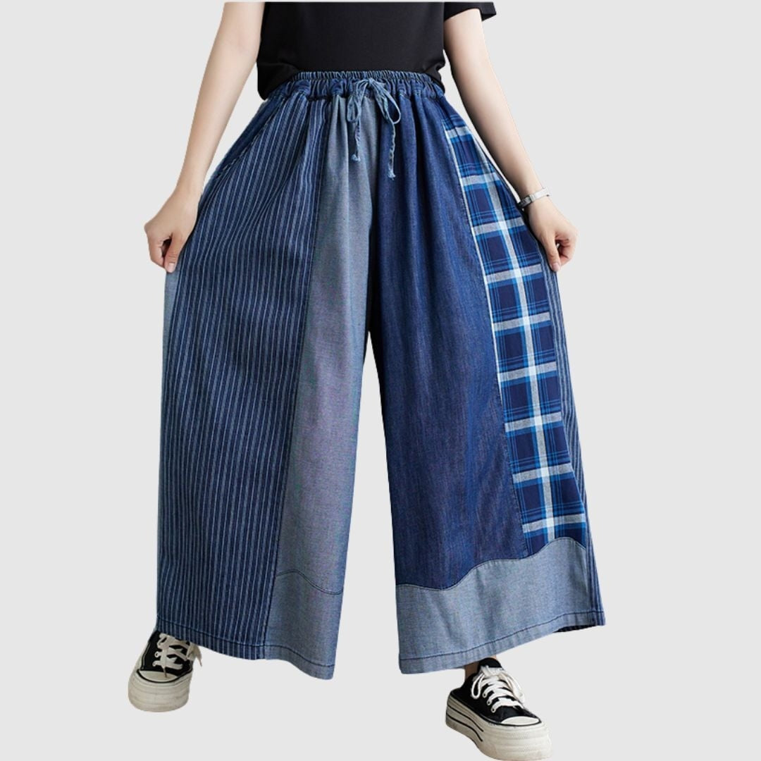 Patchwork wide denim pants D0019