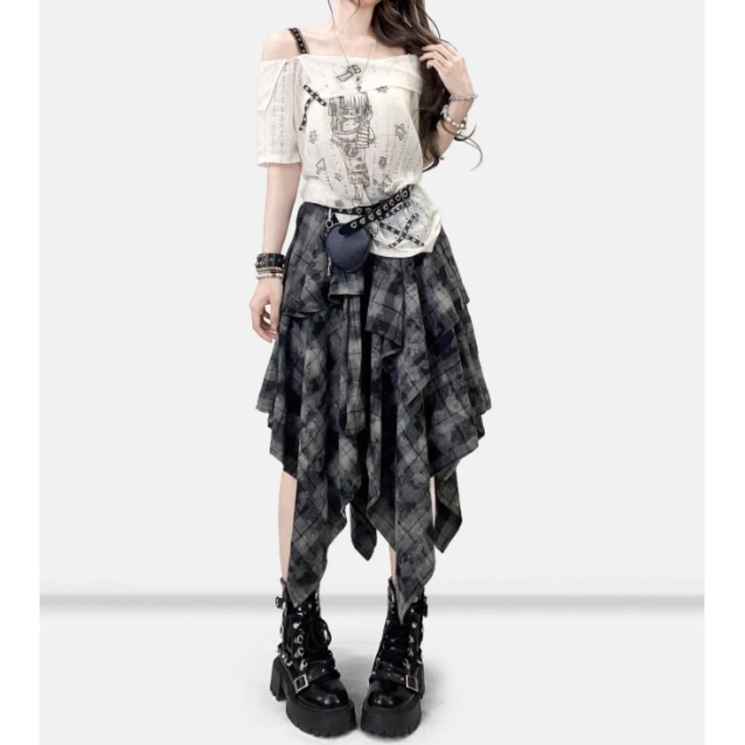 Irregular hem check skirt E7020