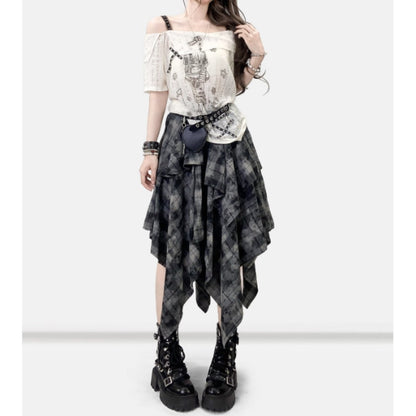 Irregular hem check skirt E7020