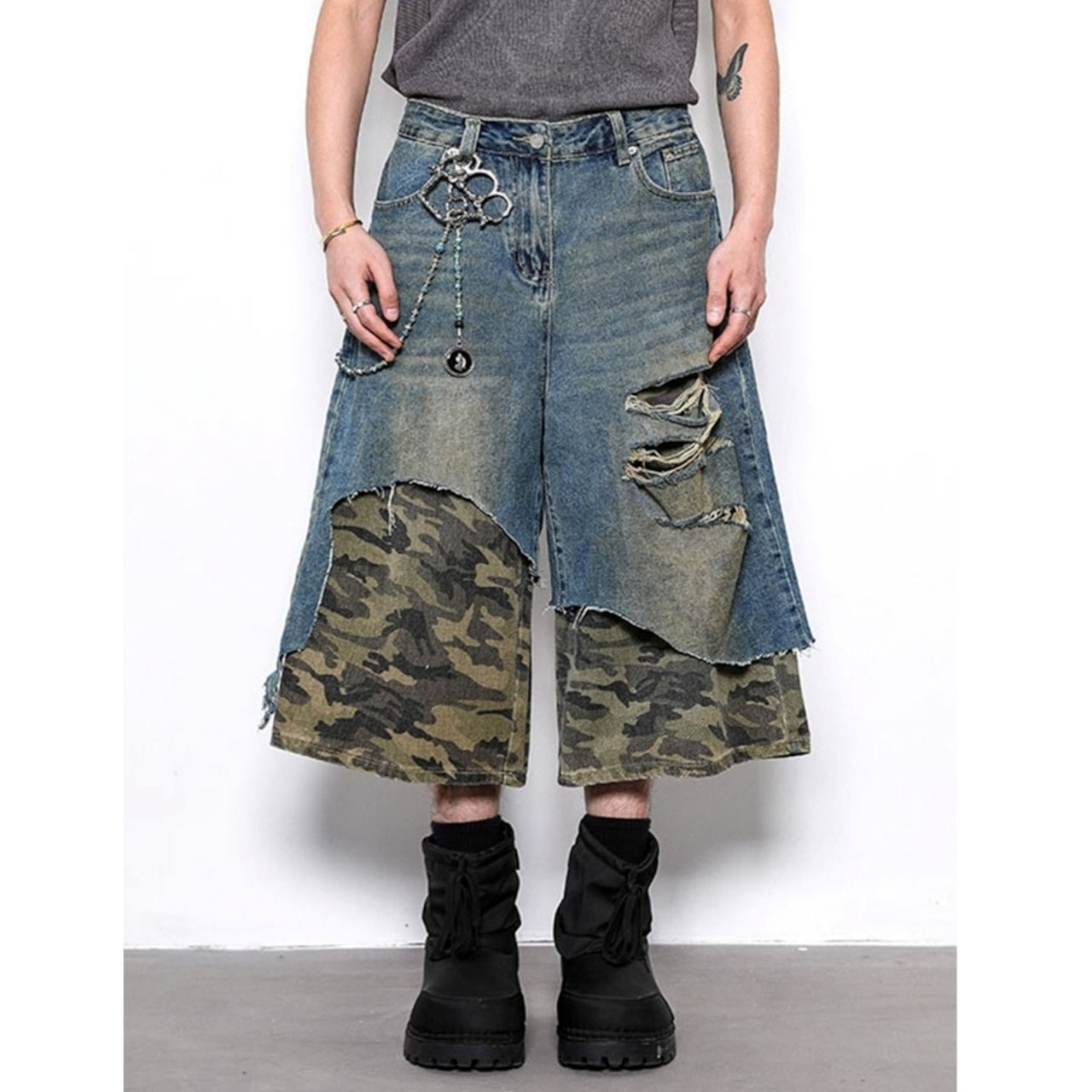 Camouflage pattern cropped wide denim jeans D0100