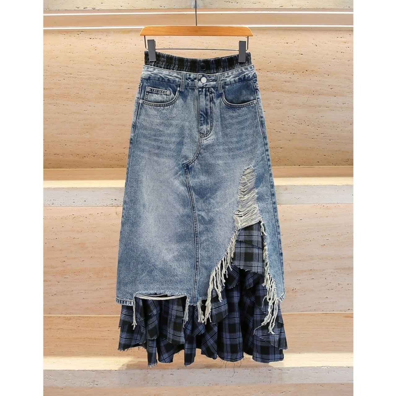 High Waist Plaid Denim Skirt D0056