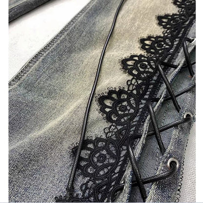 Side lace up flare denim jeans E7003