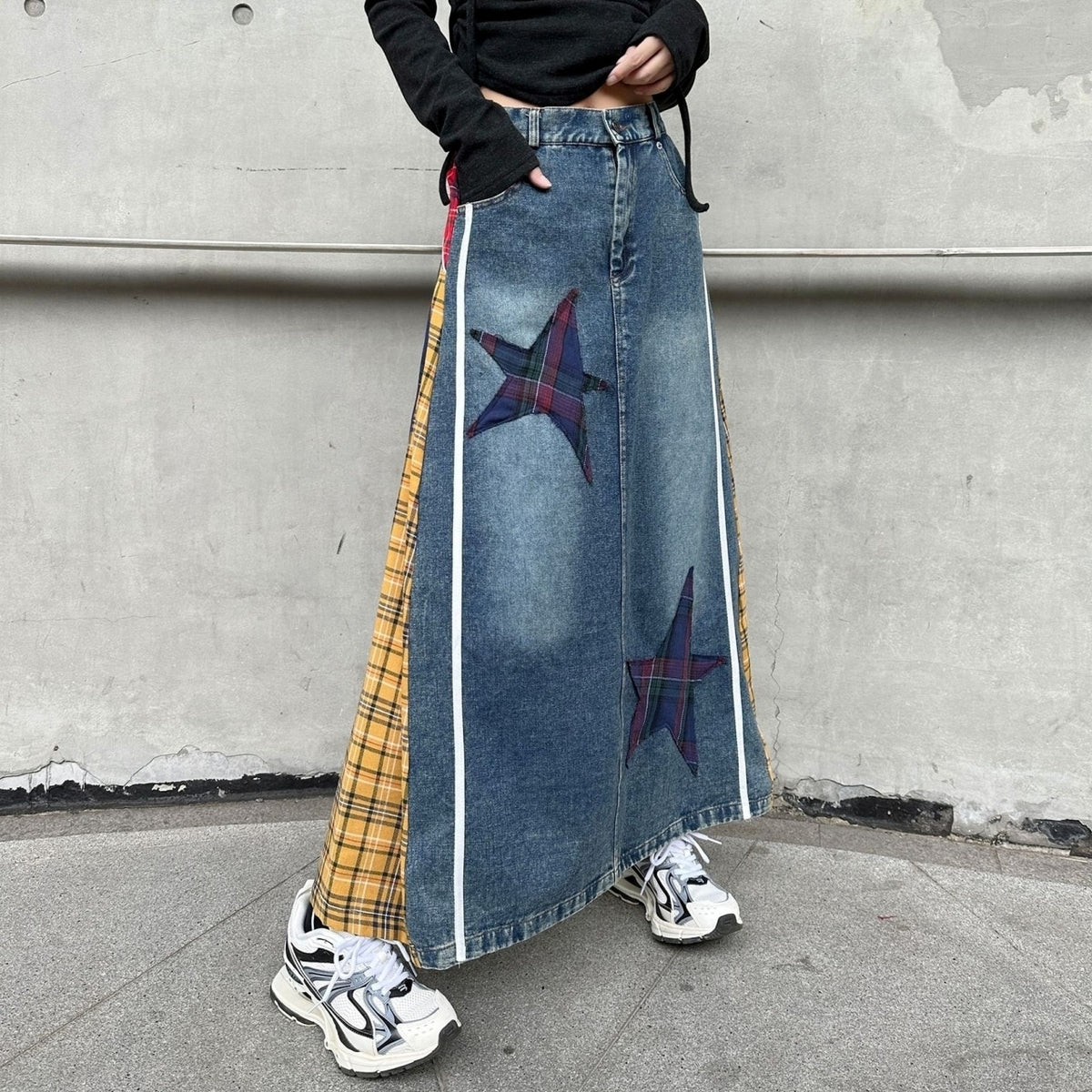 Check & Denim long skirt D0123