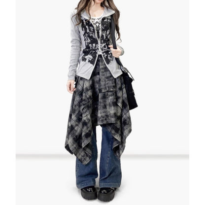 Irregular hem check skirt E7020