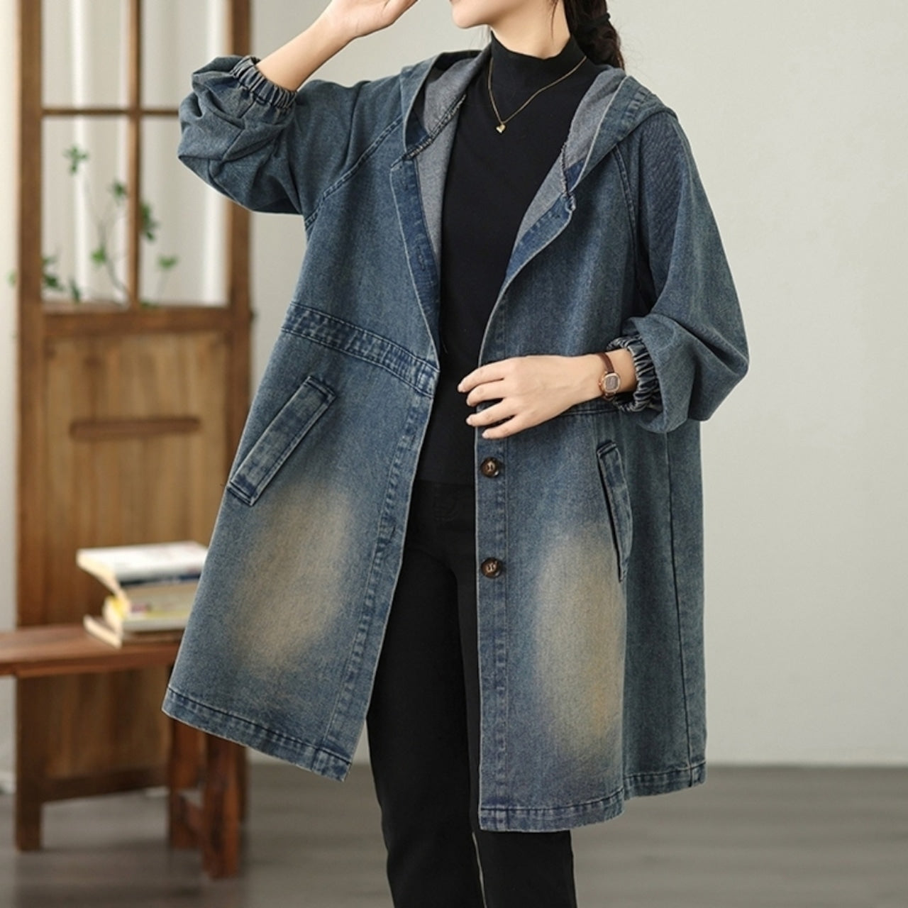Hooded denim coat D0075