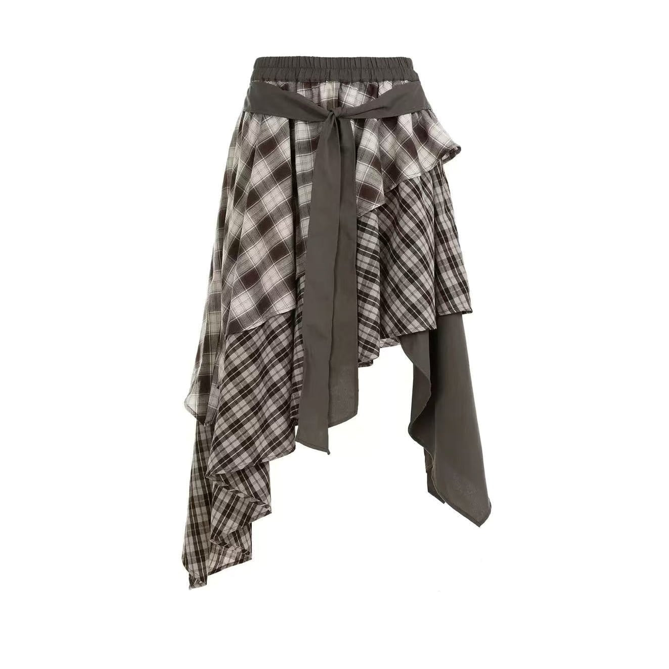 Irregular hem check skirt E7010