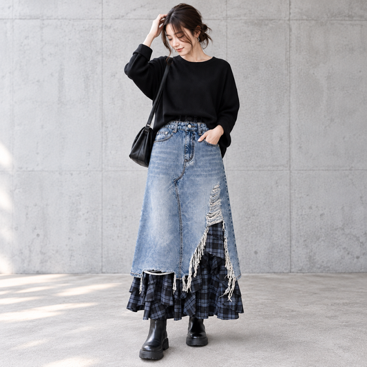 High Waist Plaid Denim Skirt D0056