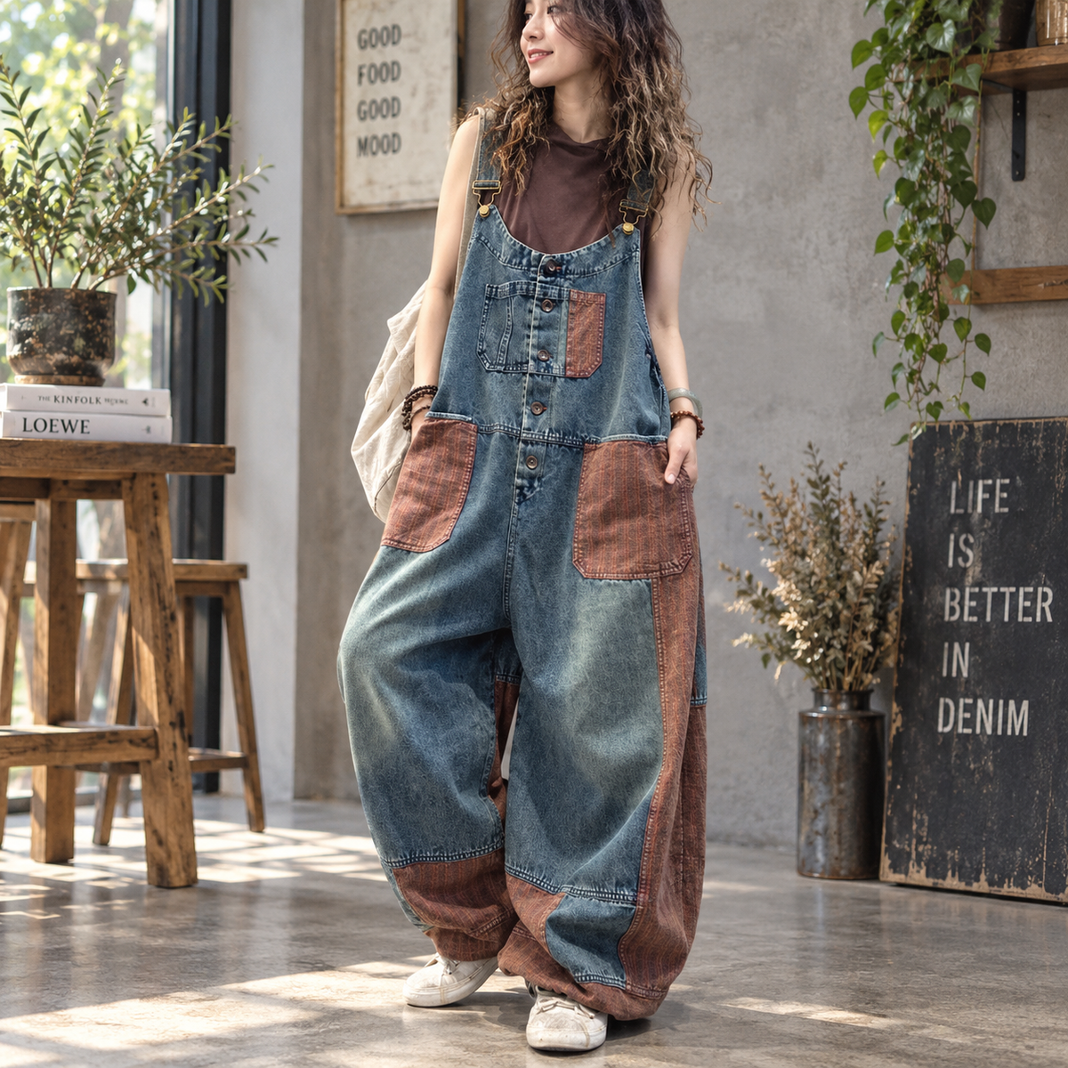 Patchwork Wide-Leg Overalls D0258