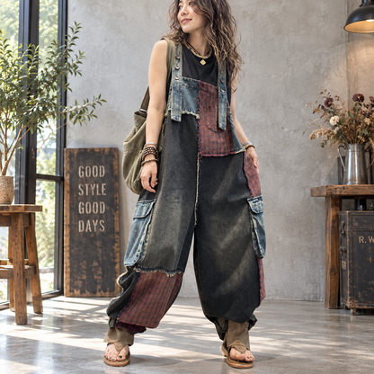 Patchwork denim overalls D0247