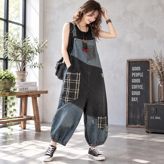Mixed material overalls D0082