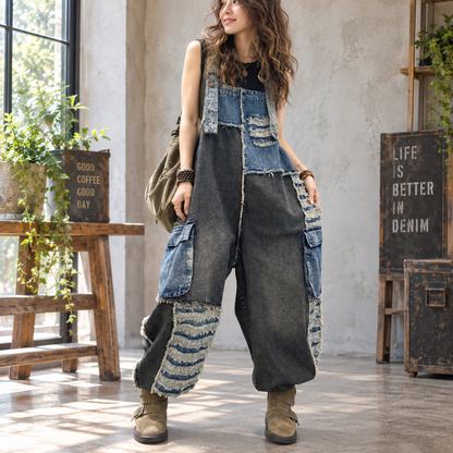 Patchwork denim overalls D0256