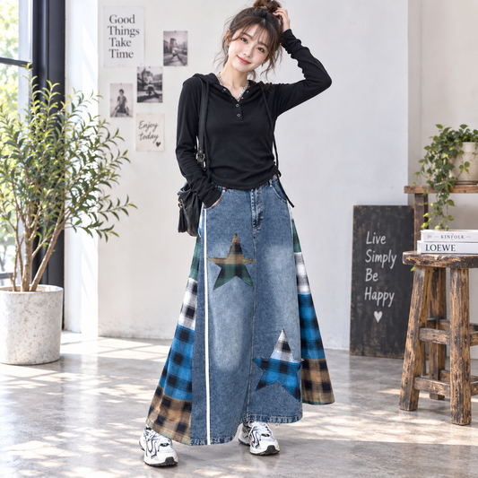 Check & Denim long skirt D0123