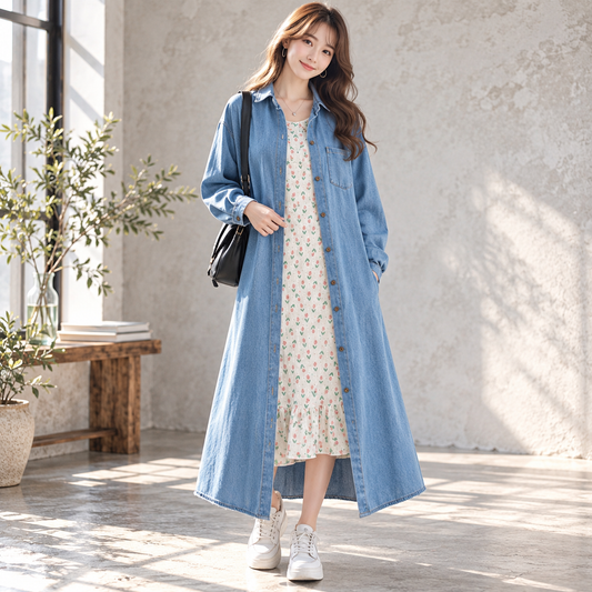 Long denim shirt one piece D0076