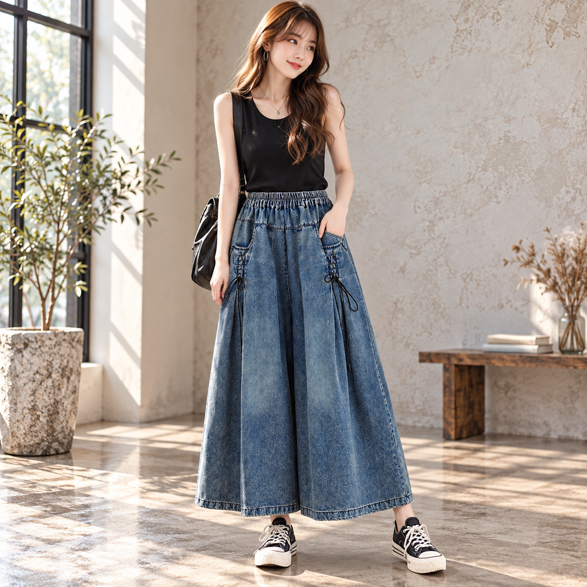 Wide baggy denim pants D0074