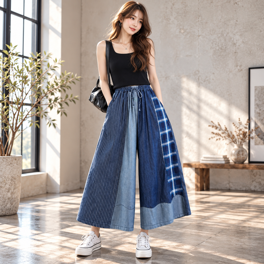 Patchwork wide denim pants D0019
