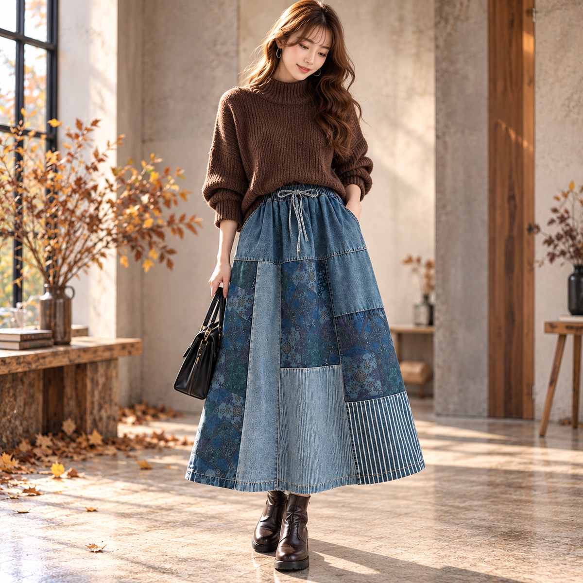 Patchwork denim skirt D0073