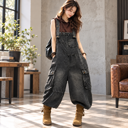 Washed denim overalls D0234
