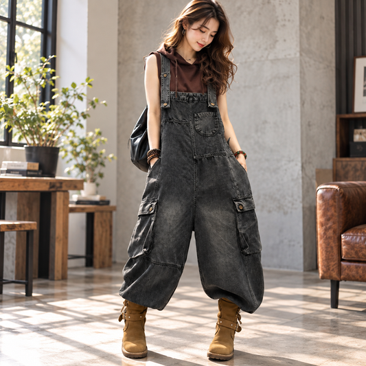 Washed denim overalls D0234