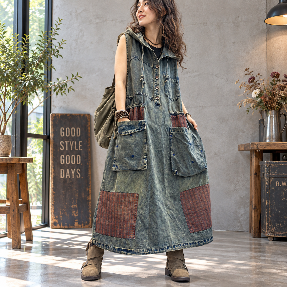 Hooded patchwork denim dress D0241