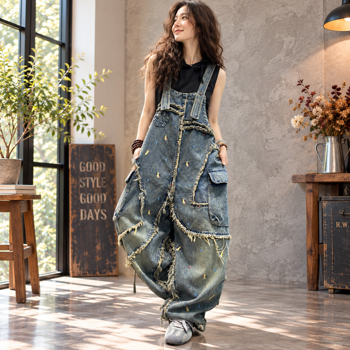 Fringed denim overalls D0248