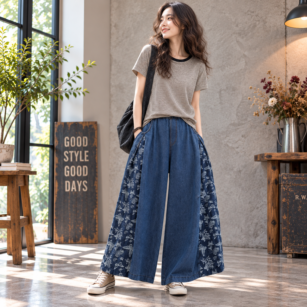 Butterfly Print Wide Denim Pants D0018