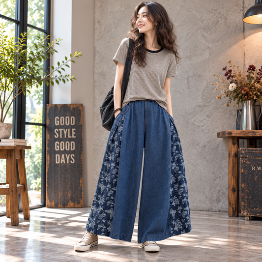 Butterfly Print Wide Denim Pants D0018